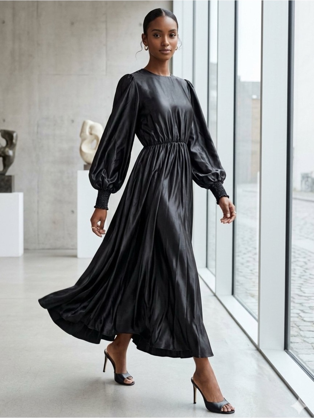 Hülya Keser Turkish Black Satin Effect Maxi Quiet Luxury Dress Smocked Cuff 44/L